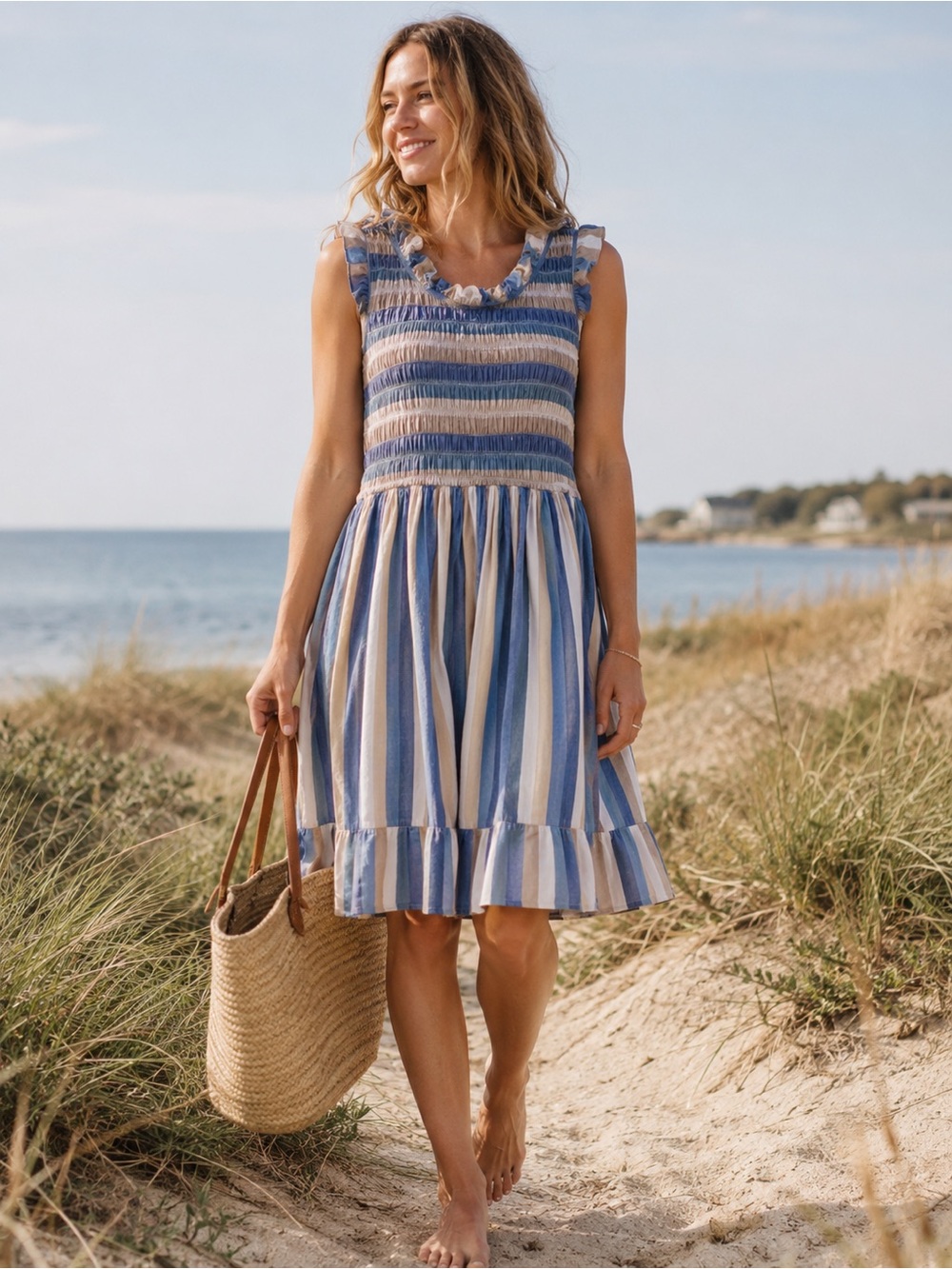 MIRTH Handmade Edition Blue Stripe Smocked Cotton Midi Dress Coastal Resort M